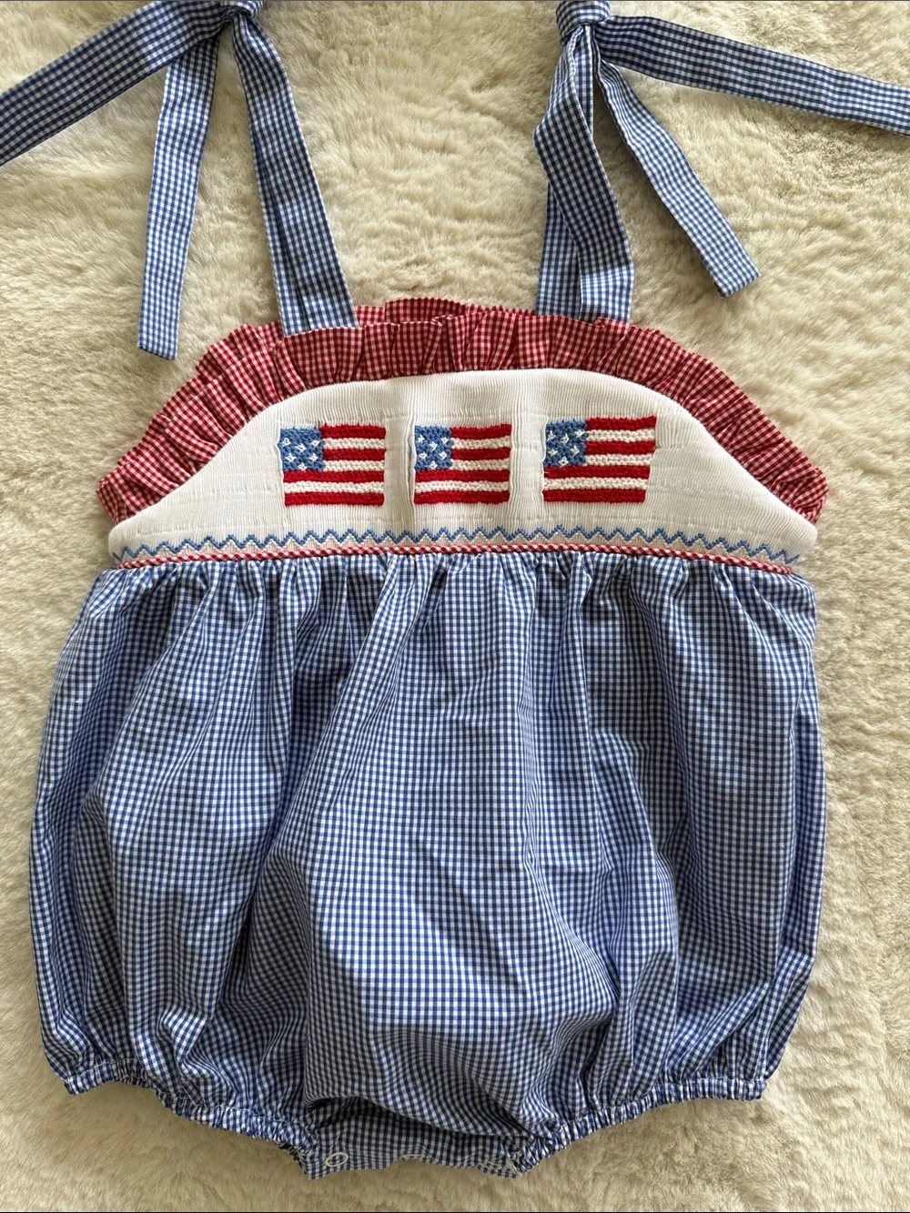 Sticky Fish USA Flag Smocked Blue Gingham Bubble Rompers Set - Size 9 months